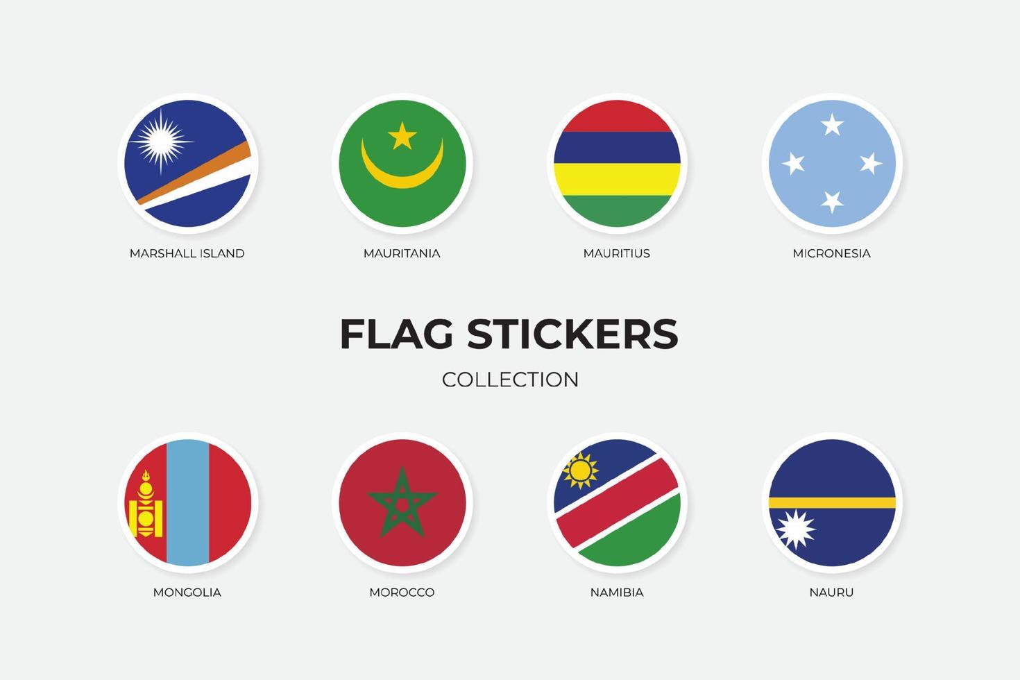 Flag Stickers of Marshall Island, Mauritania, Mauritius, Micronesia, Mongolia, Morocco, Namibia, Nauru vector