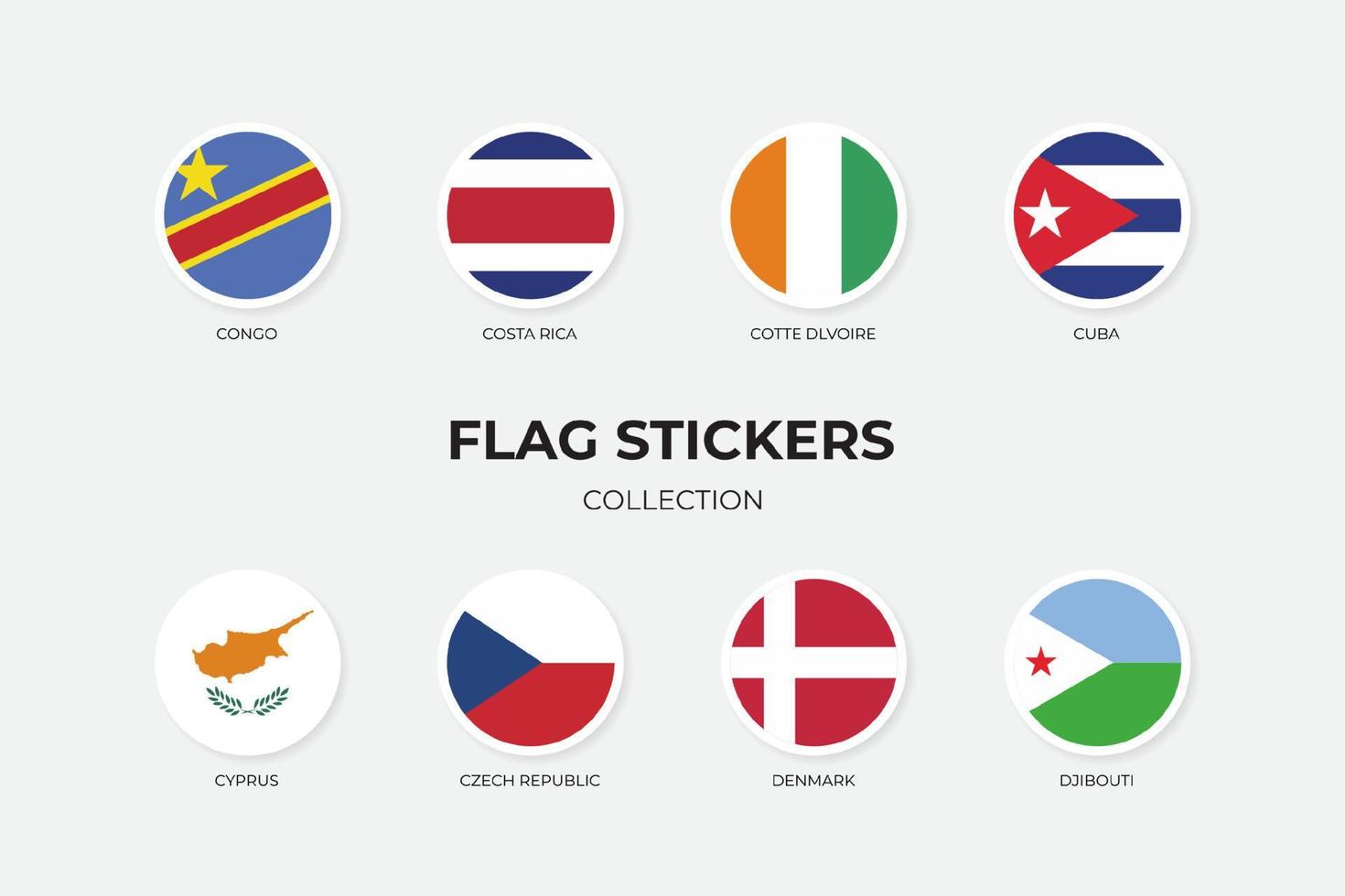 Flag Stickers of Congo, Costa Rica, Cotte Dlvoire, Cuba, Cyprus, Czech Republic, Denmark and Djibouti vector