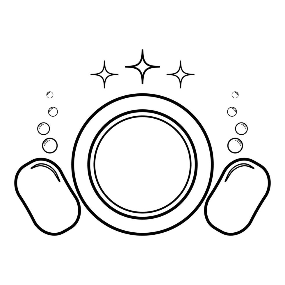 concepto de lavado de platos limpiar platos plato paño esponja burbujas cocina limpia idea icono contorno color negro vector ilustración estilo plano imagen
