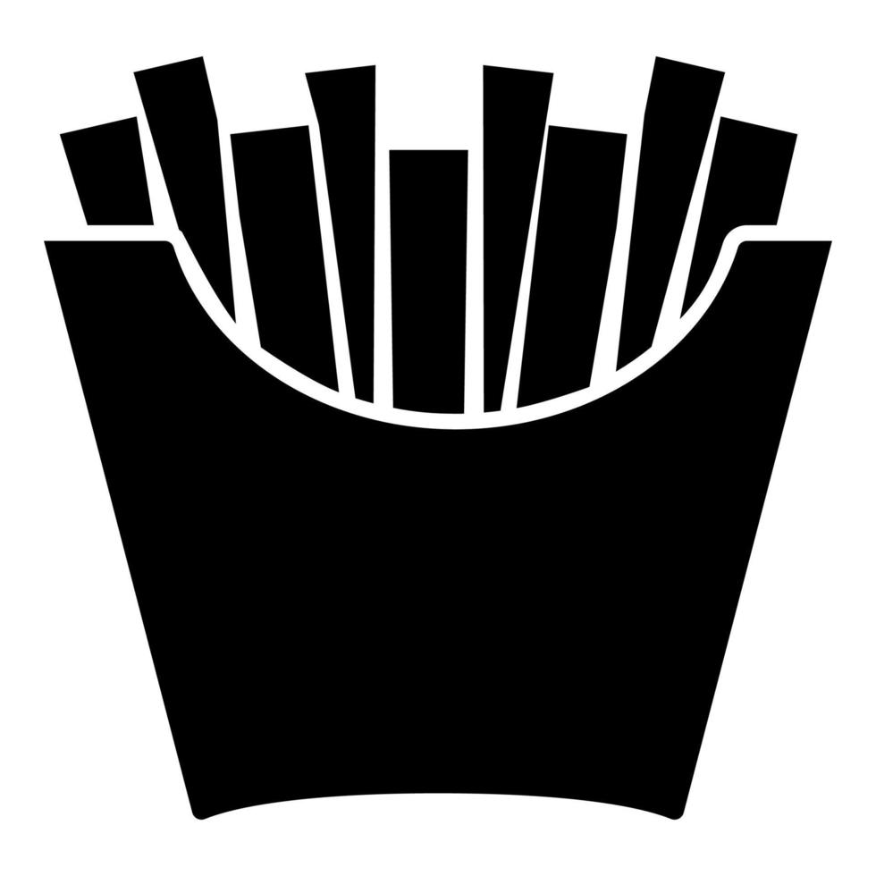 French fries in package Fried potatoes in paper bag Fast food in bucket box Snack concept icon black color vector illustration flat style image