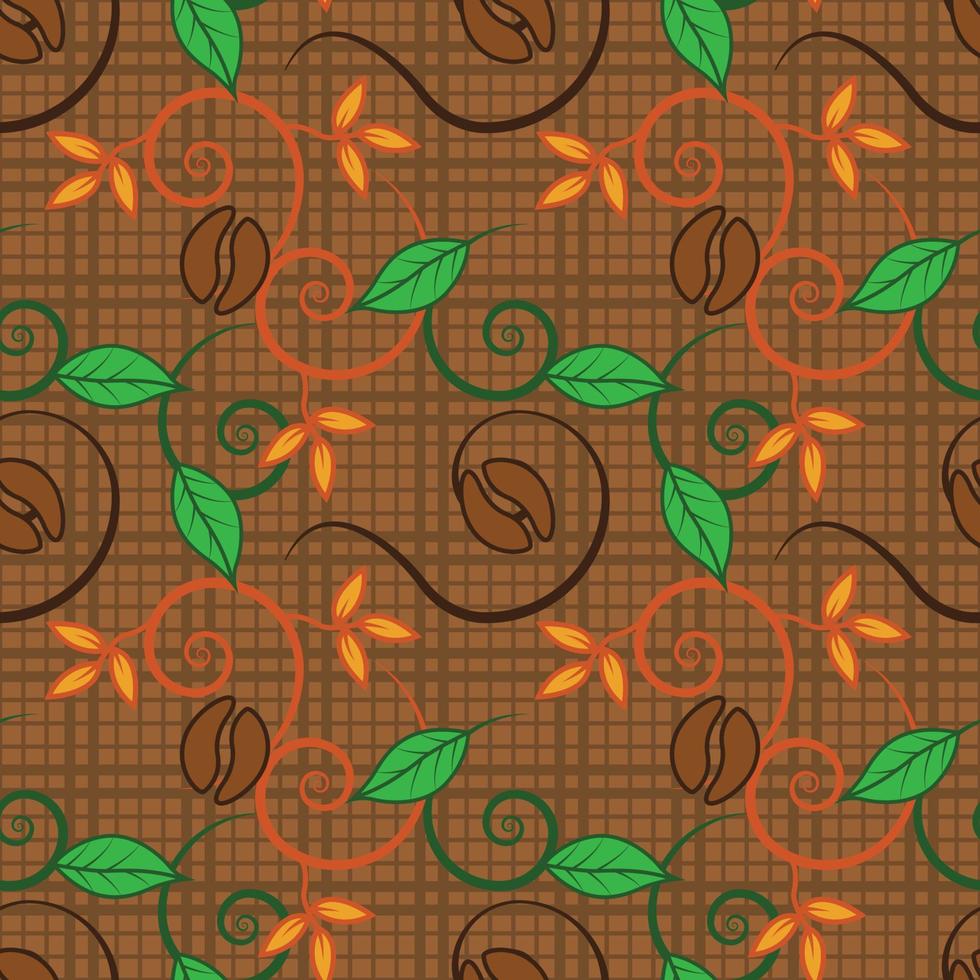 natural seamless pattern coffee beans and plant motif, green fresh leaf object, brown color elegant background texture design vector graphic
