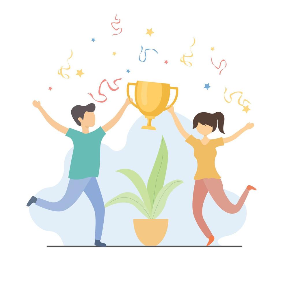 happiness victory celebration flat design illustration, team work goal, lifting golden trophy vector