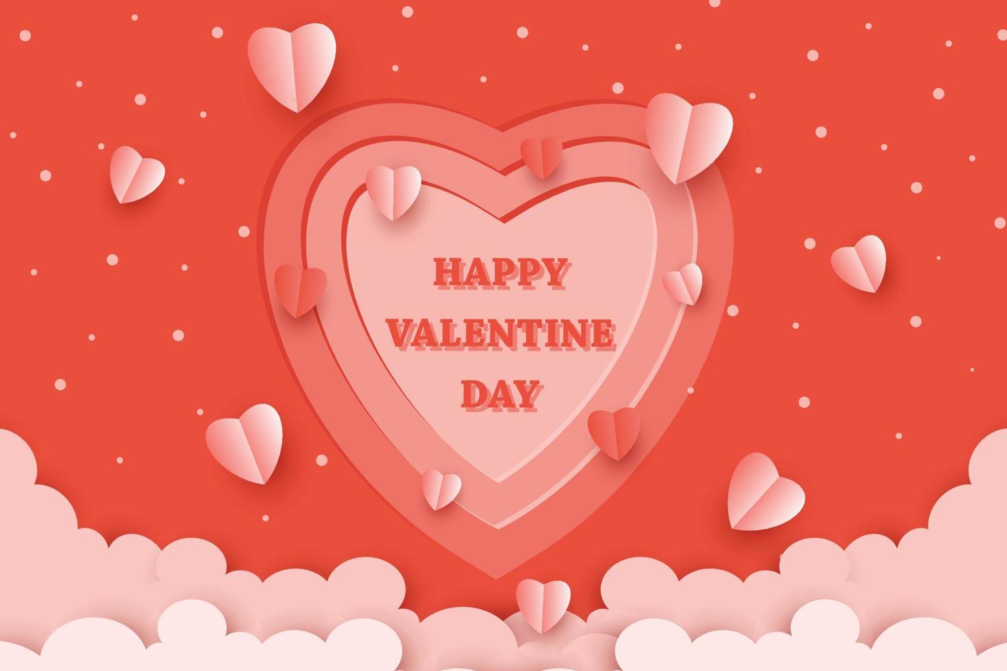 happy valentine's day greeting template background vector, red cute paper cut style design with clouds and flying hearts in sky vector