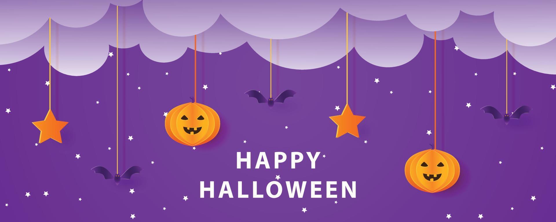 halloween paper cut banner template design with cute pumpkin and bat cartoon character, night cloud background vector graphic