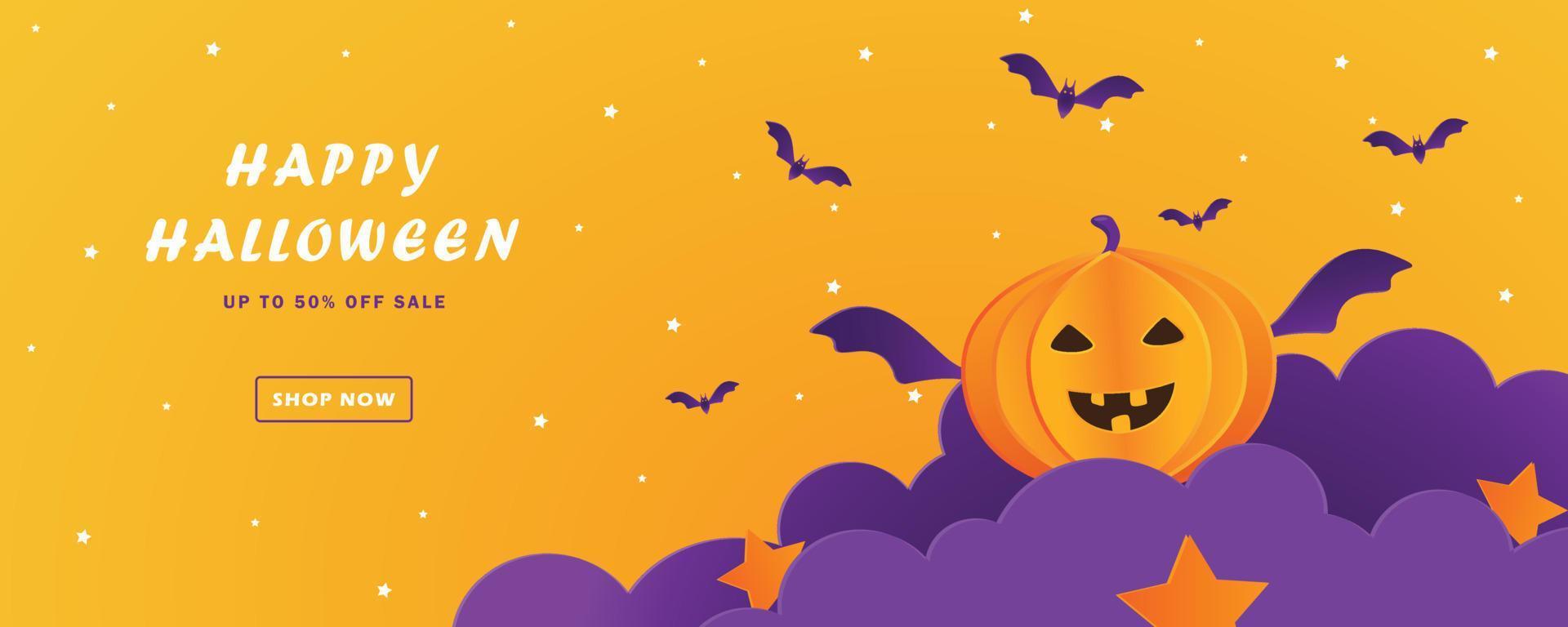 promotion halloween banner template with cloud paper cut style and pumpkin character, bat ornament, flash sale, discount layout orange color, background vector