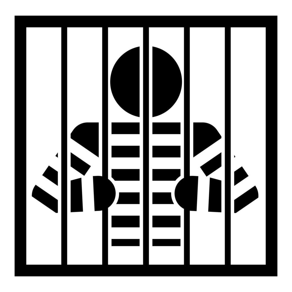 Prisoner behind bars holds rods with his hands Angry man watch through lattice in jail Incarceration concept icon black color vector illustration flat style image