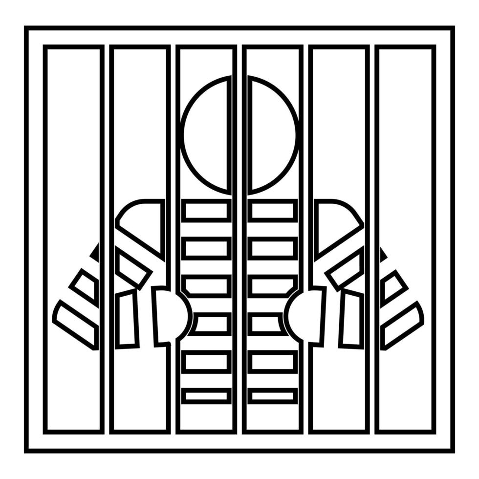 Prisoner behind bars holds rods with his hands Angry man watch through lattice in jail Incarceration concept icon outline black color vector illustration flat style image