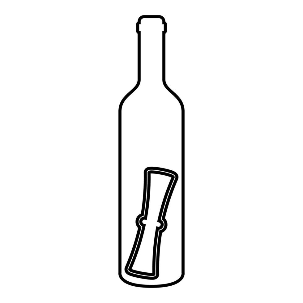 botella con concepto de mensaje de carta documento de desplazamiento doblado en el icono del contenedor antiguo esquema de color negro ilustración vectorial imagen de estilo plano vector