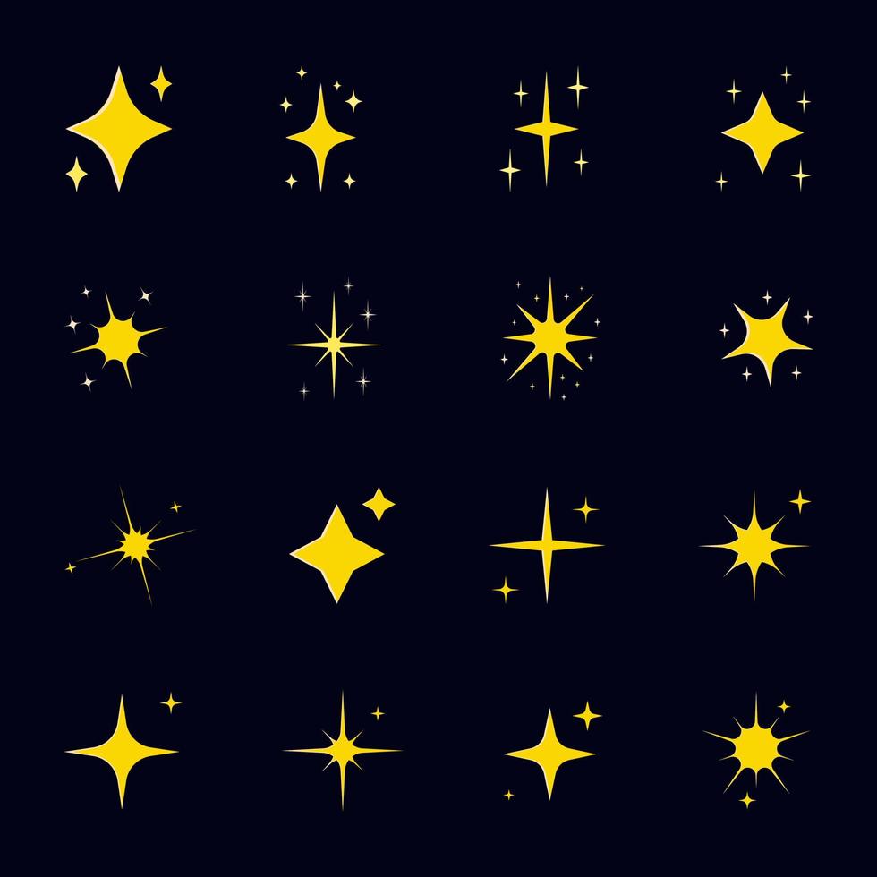 Set of illustrations of sparkling stars in the sky, simple symbols for design elements. Glitter, new year, yellow, night. vector