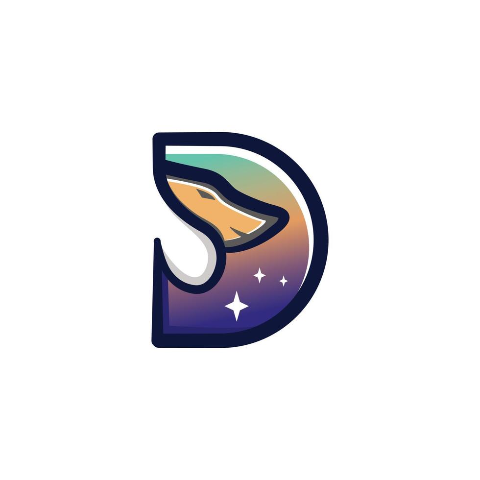 Dog logo inside letter D gradient starry sky light. vector