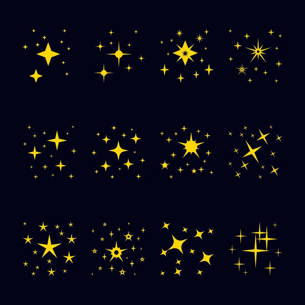 Set of illustrations of sparkling stars in the sky, simple symbols for design elements. Glitter, new year, yellow. vector