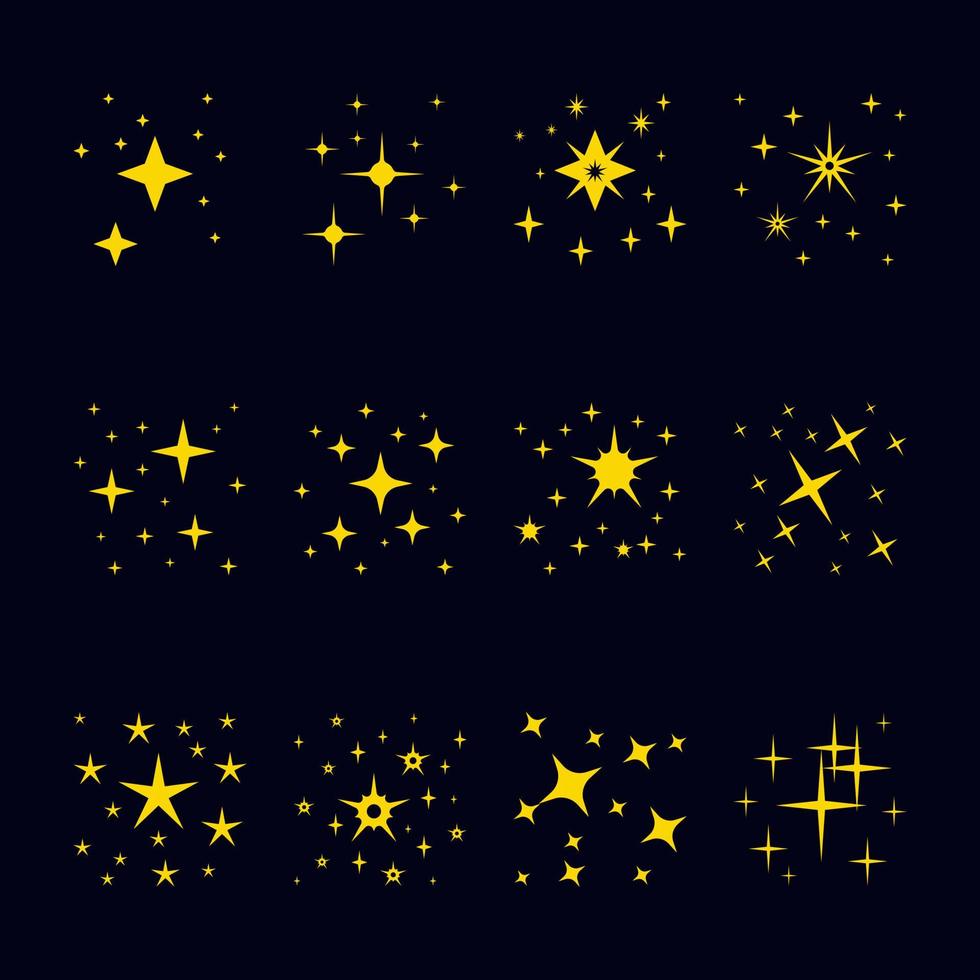 Set of illustrations of sparkling stars in the sky, simple symbols for design elements. Glitter, new year, yellow. vector