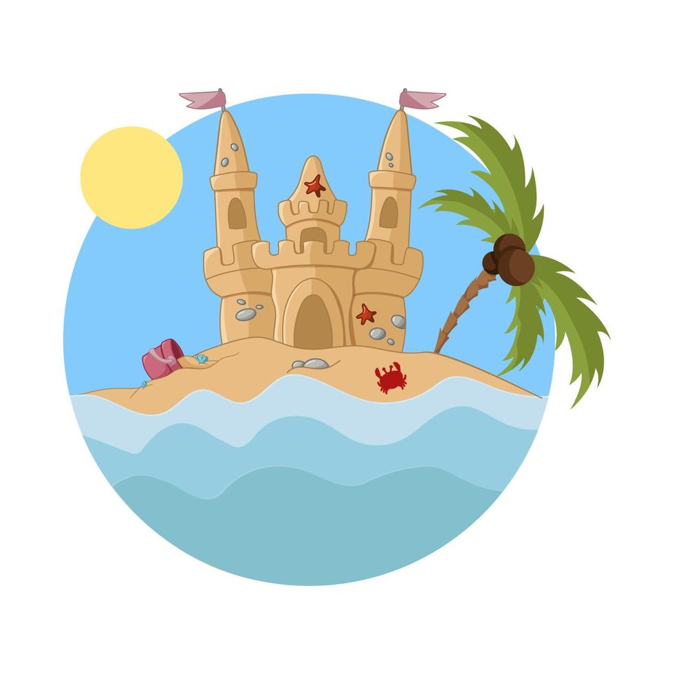 Cartoon beach sandcastle with bucket filled with sand, children summer toys. Isolated vector illustration.