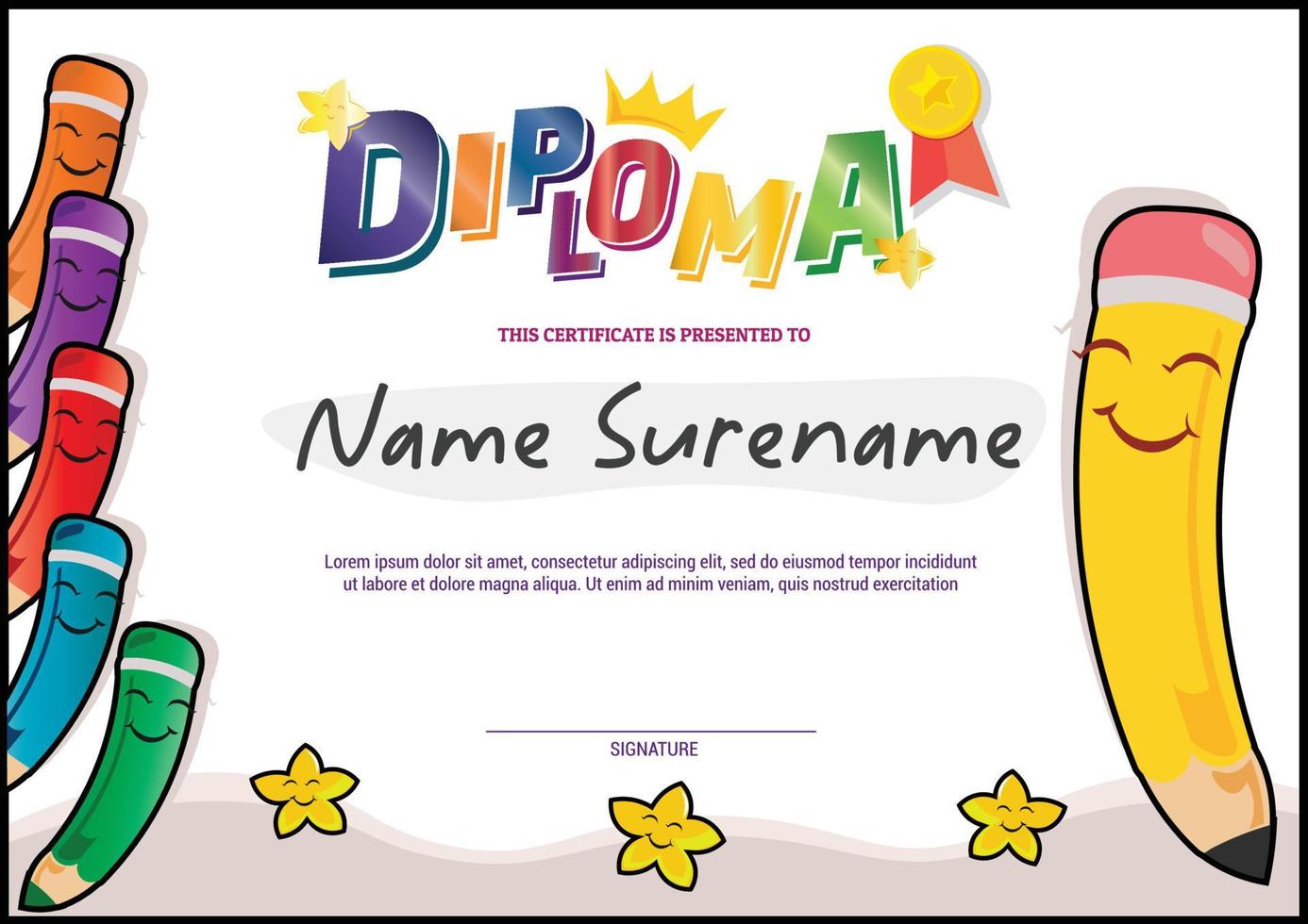 school diploma template certificate with pencils and stars vector