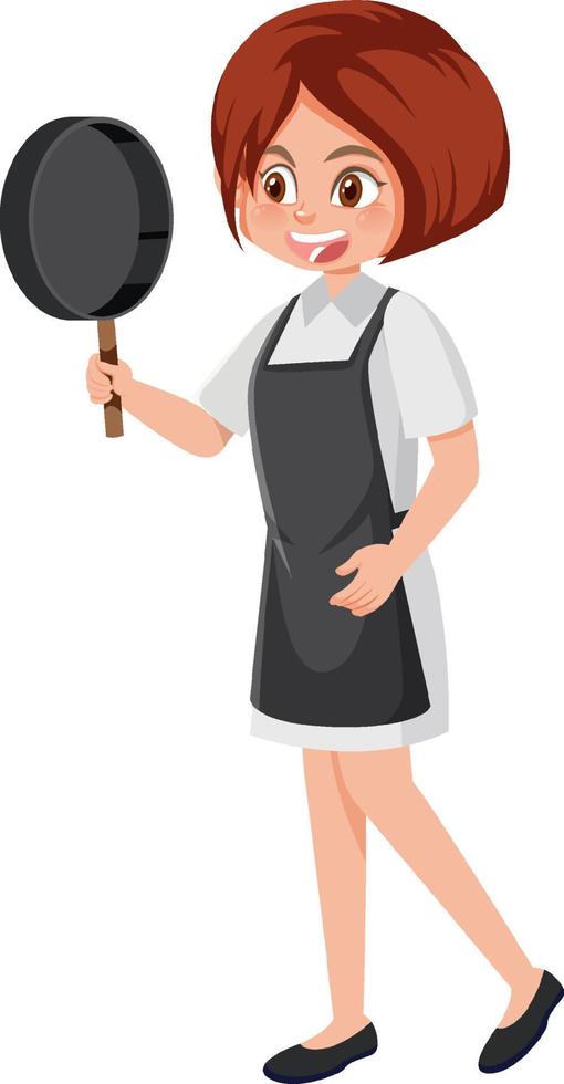 A woman holding a pan wearing apron cartoon character on white background vector