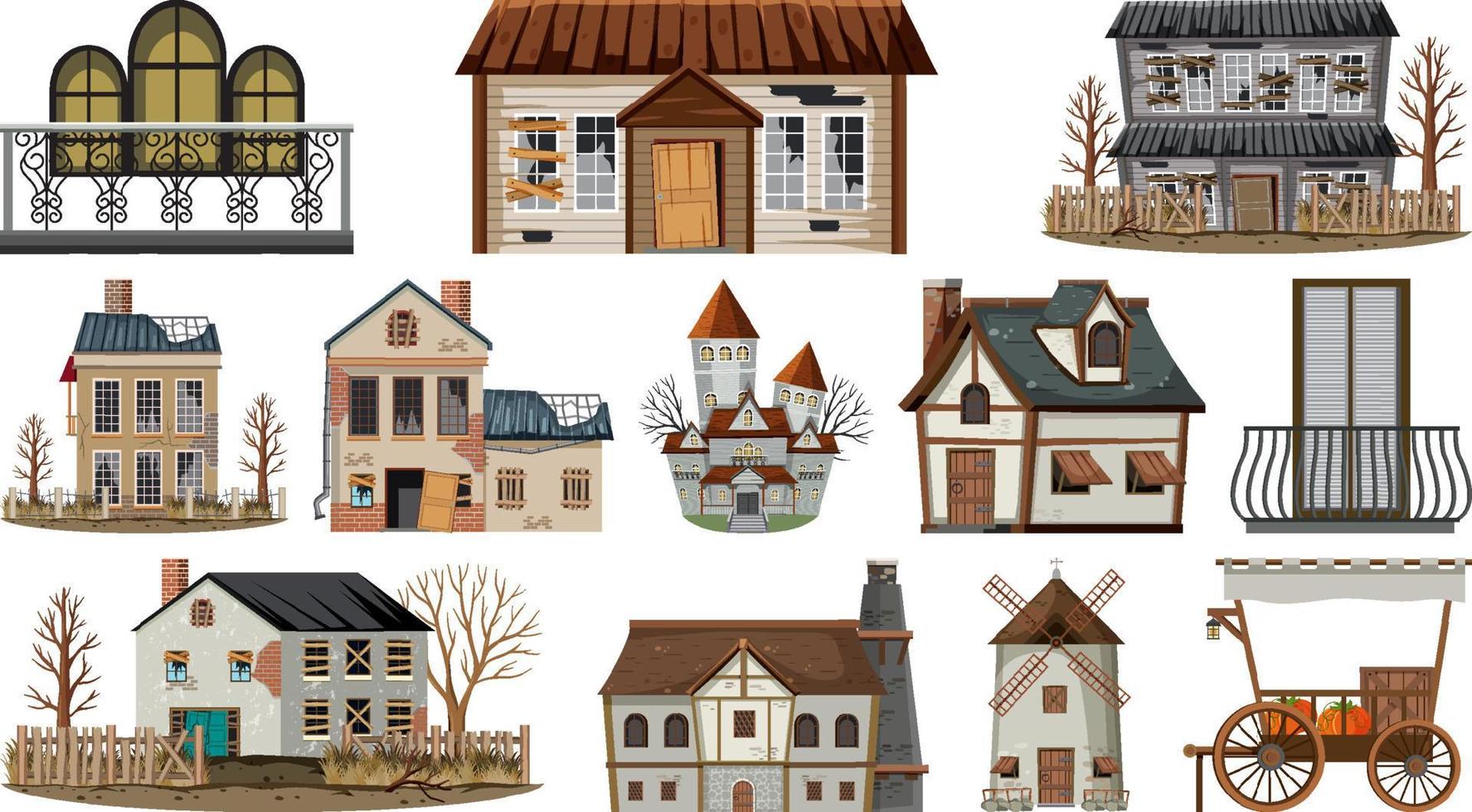 Set of abandoned houses and buildings vector