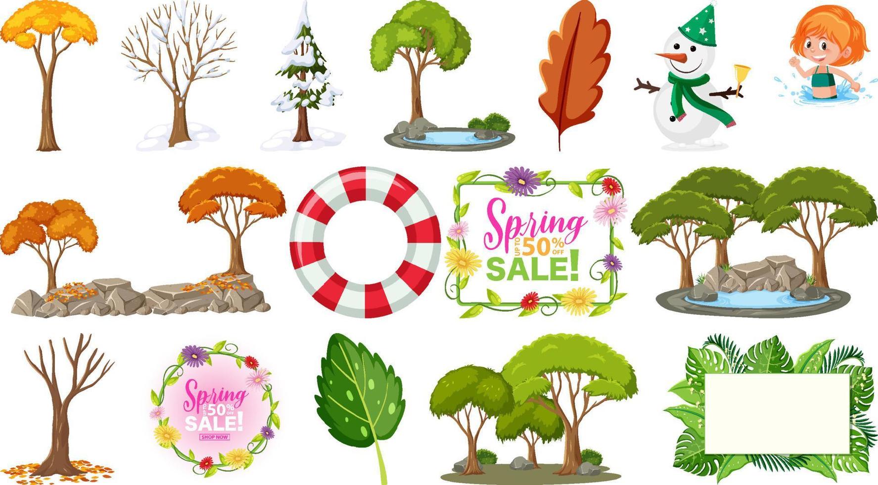 Set of four seasons trees and nature objects vector