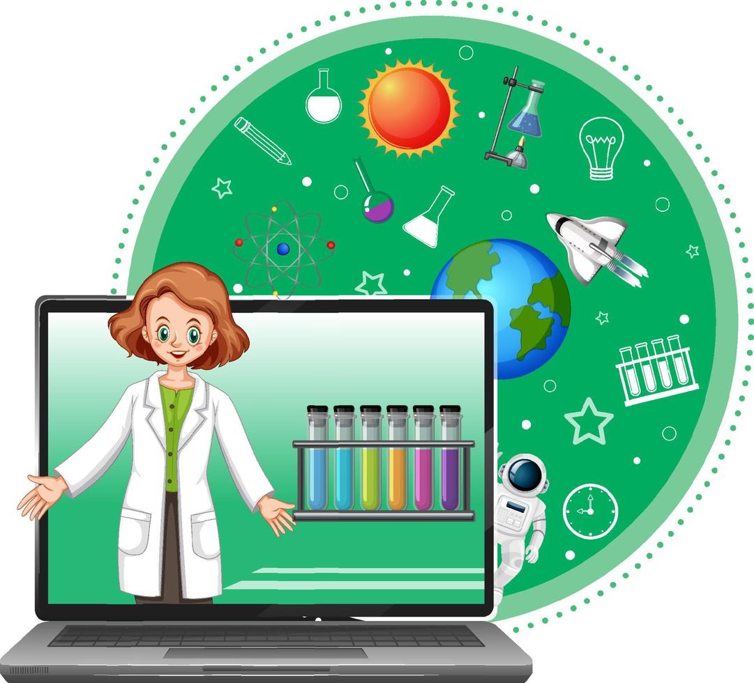 Laptop with scientist woman cartoon vector