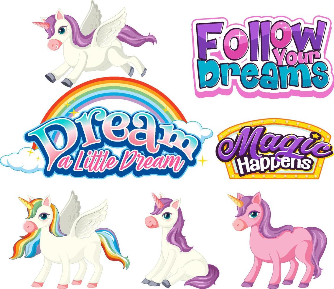 Set of unicorn fairy tales cartoon characters vector