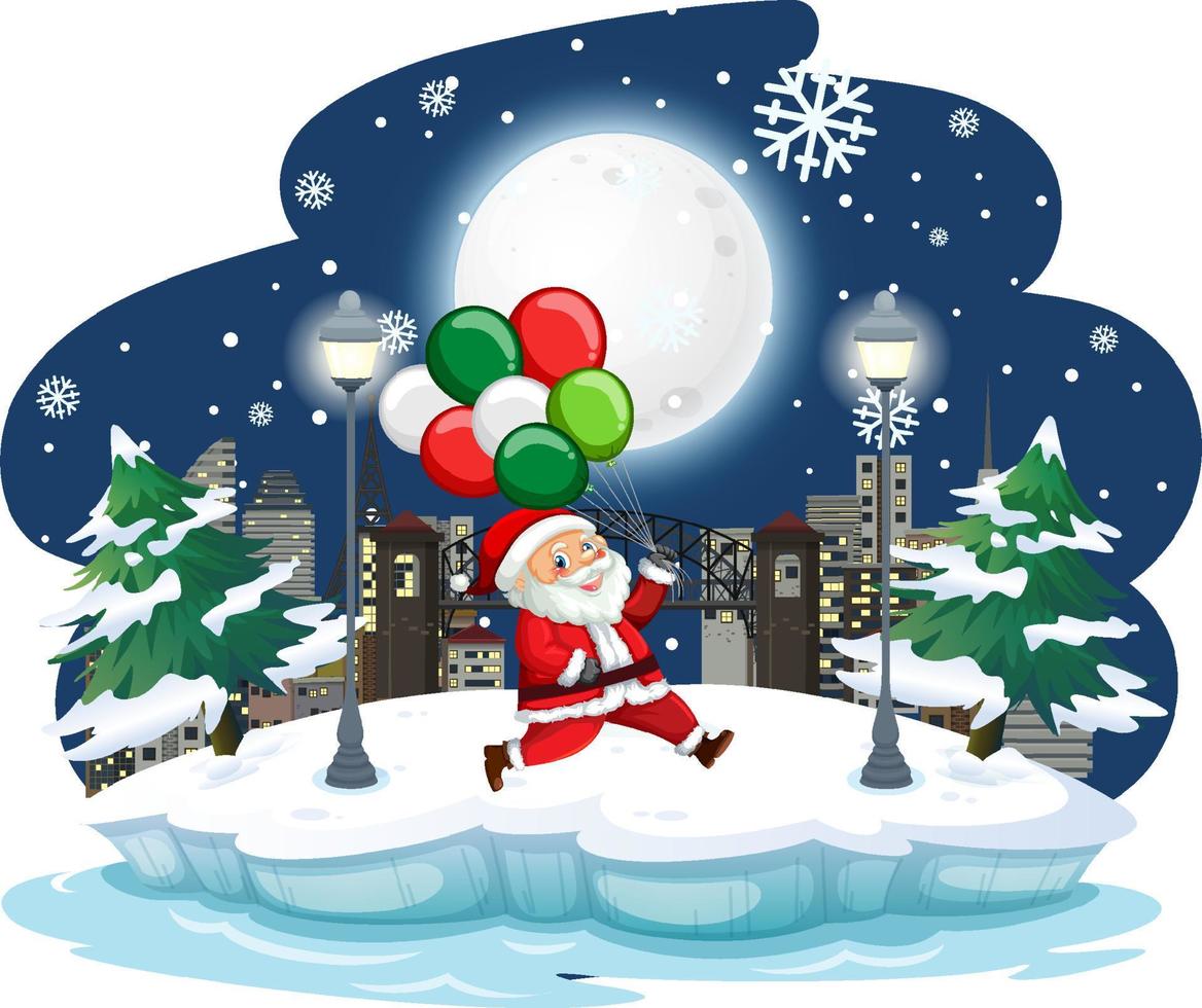 Snowy night with Santa Claus walking in the city vector