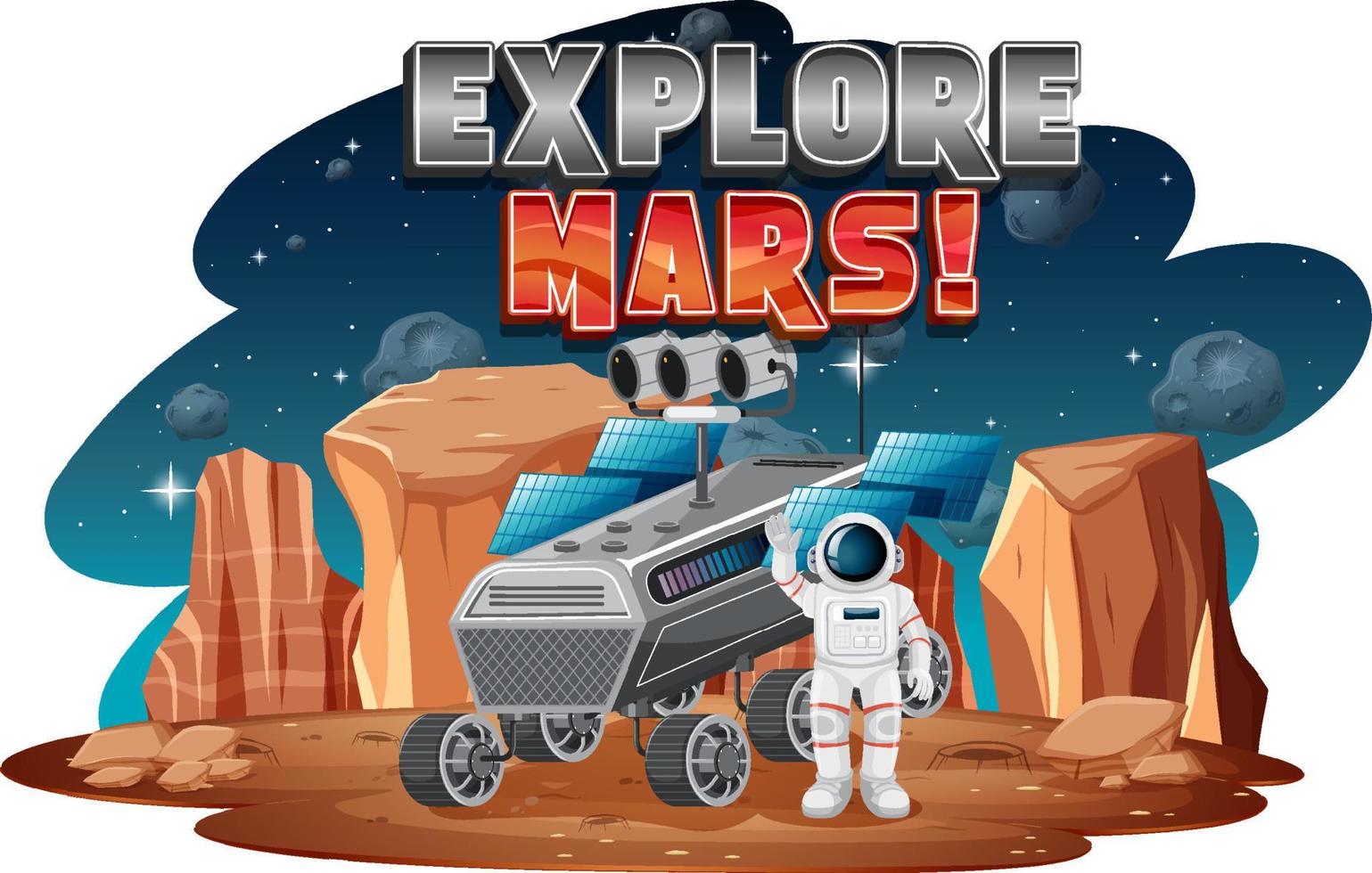 explore el diseño del logotipo de mars word con astronauta y estación espacial vector