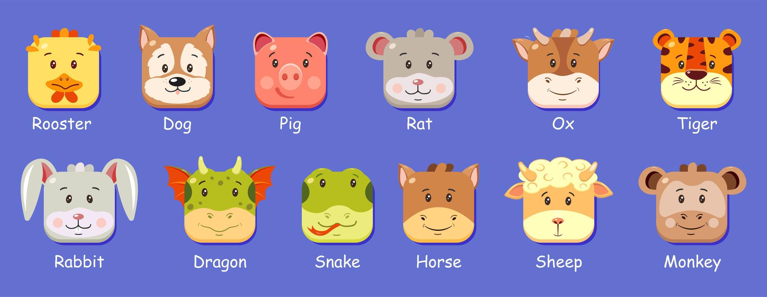 Square muzzles cute Chinese horoscope animals in cartoon style. vector