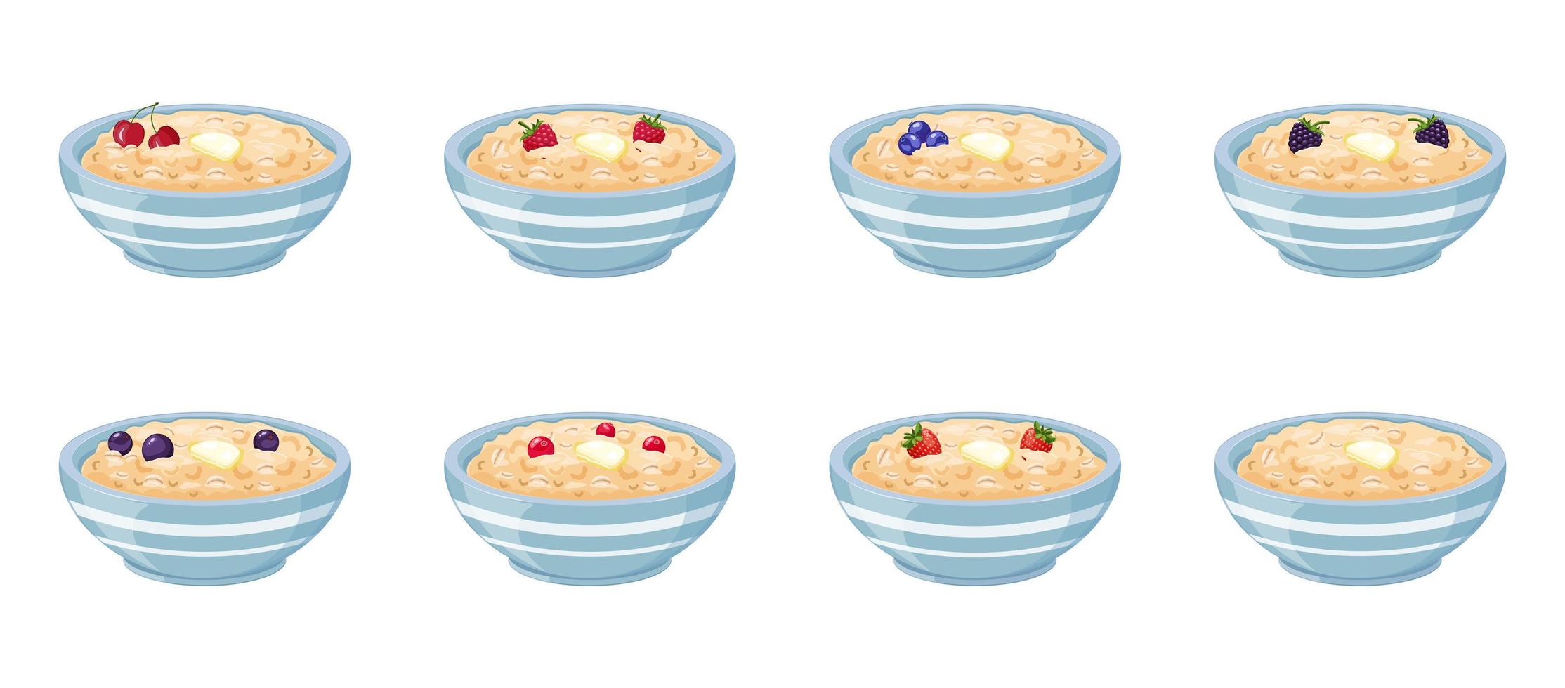 Oatmeal in cup with different berries. Breakfast cereal. vector