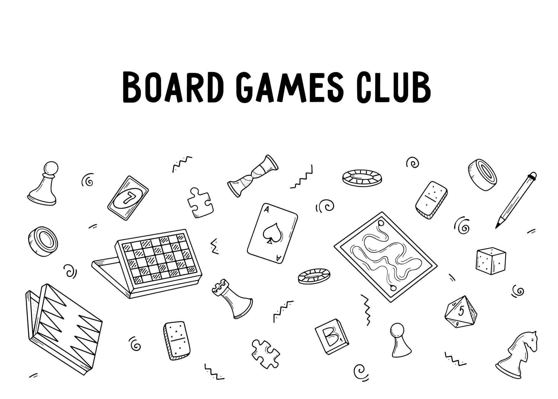 Board games club. Set of vector doodle elements, board games collection