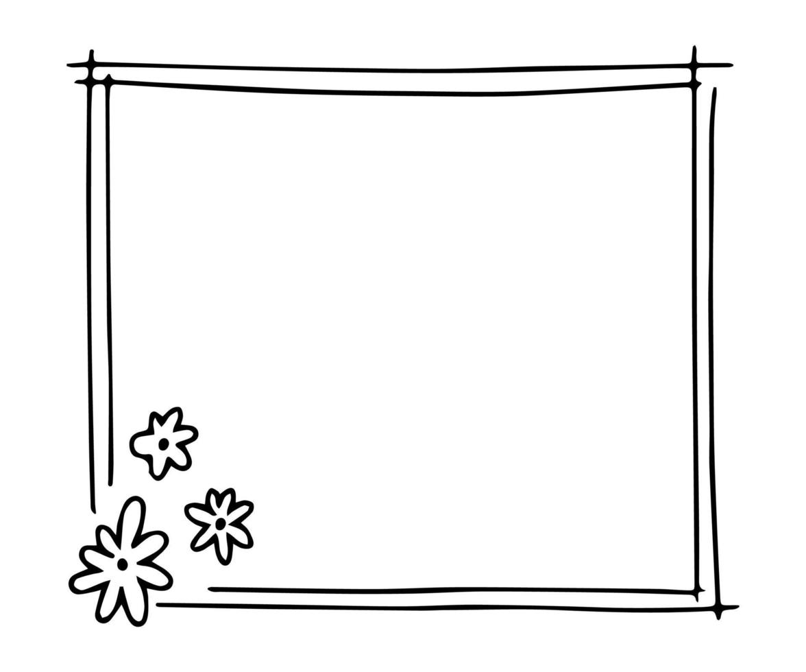 marco cuadrado dibujado a mano con flores en la esquina izquierda. borde del garabato. ilustración vectorial vector