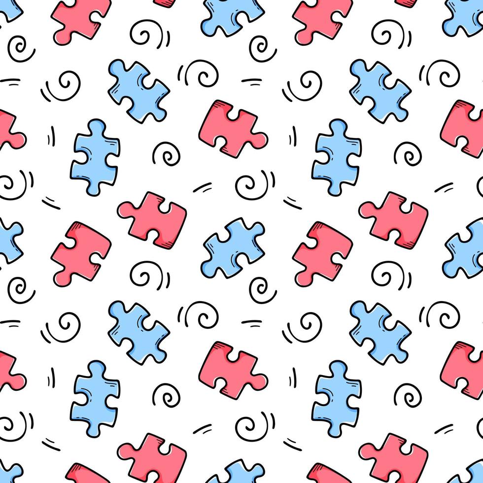 Seamless pattern with multicolored puzzles. Endless texture with board game doodle elements. Vector illustration