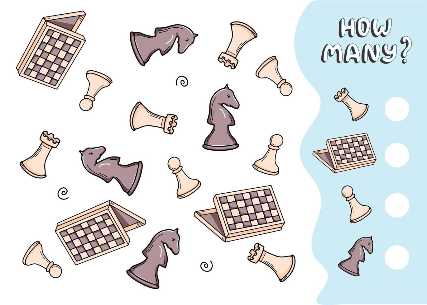 Counting educational game for preschool kids. Math children activity sheet. Count how many chess objects there are and write down the result. Vector illustration