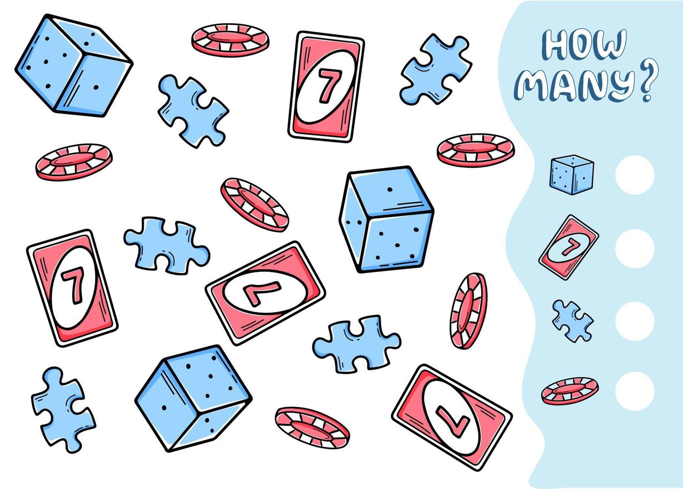 Counting educational game for preschool kids. Math children activity sheet. Count how many board game elements there are and write down the result. Vector illustration