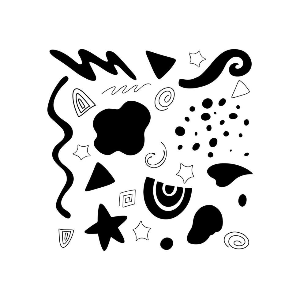 Abstract hand drawn shapes set, points, curves, curls, lines, triangle and star. Vector illustration