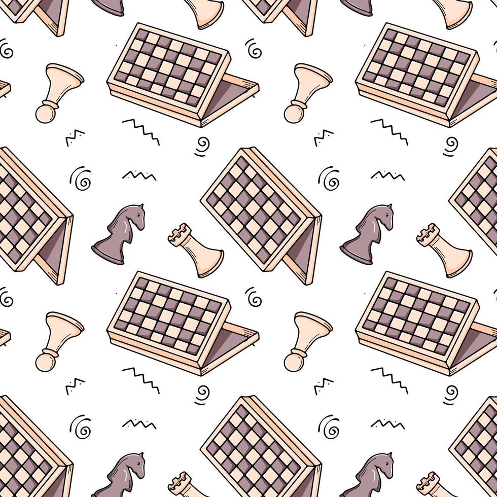 Chess seamless pattern with board and figures. Vector hand drawn illustration. Board games texture