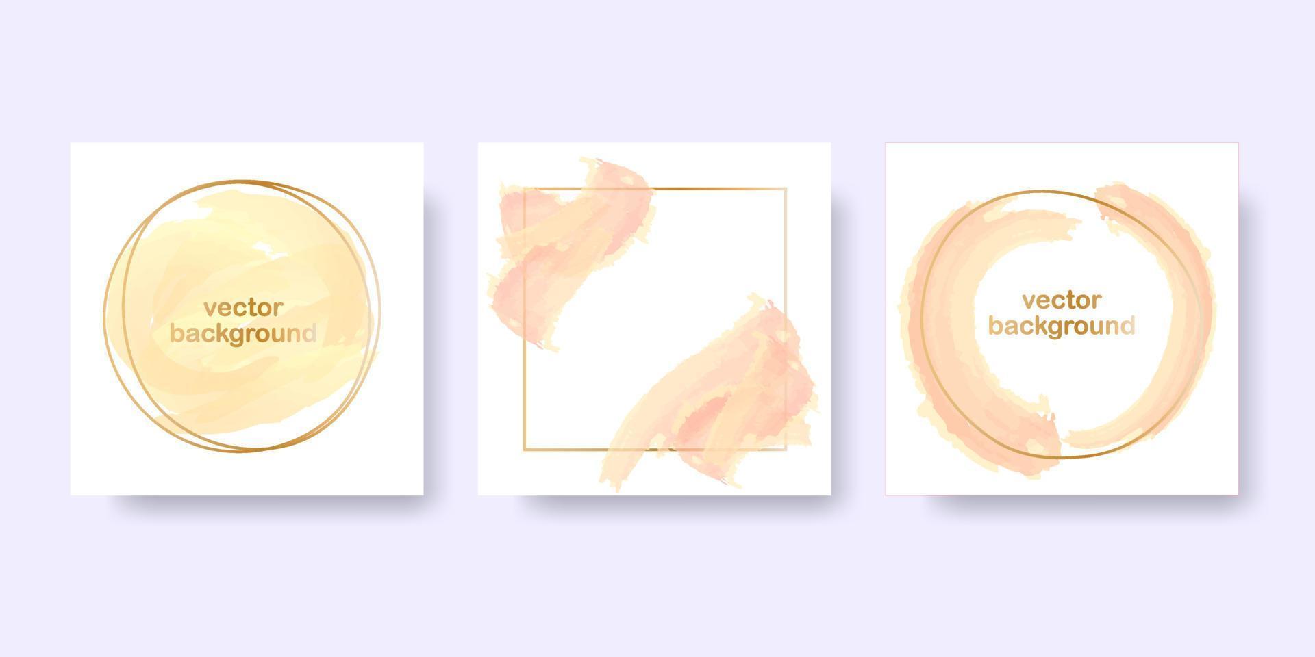 Pastel gold background for the banner. Set of round and square gold frames with beige pastel brush elements. Vector illustration