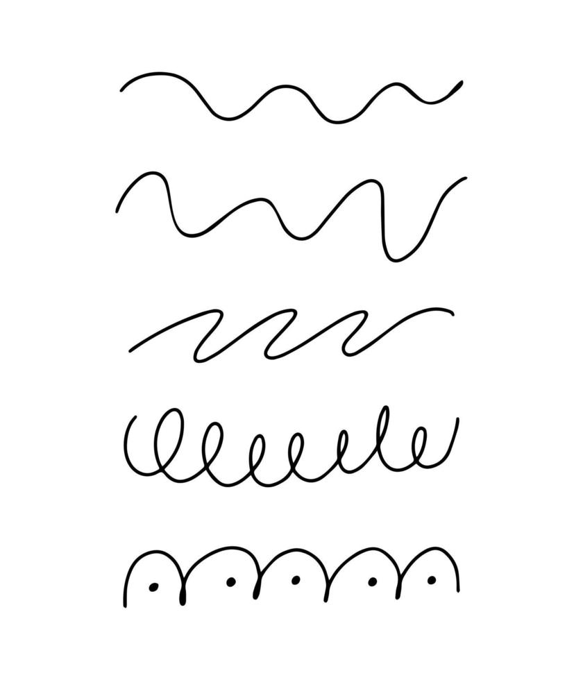 Hand-drawn wavy lines set, curls and curves. Simple vector doodles for abstract design