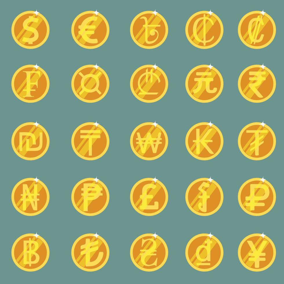 Collection set of gold coins depicting signs of currencies of the countries of the world vector