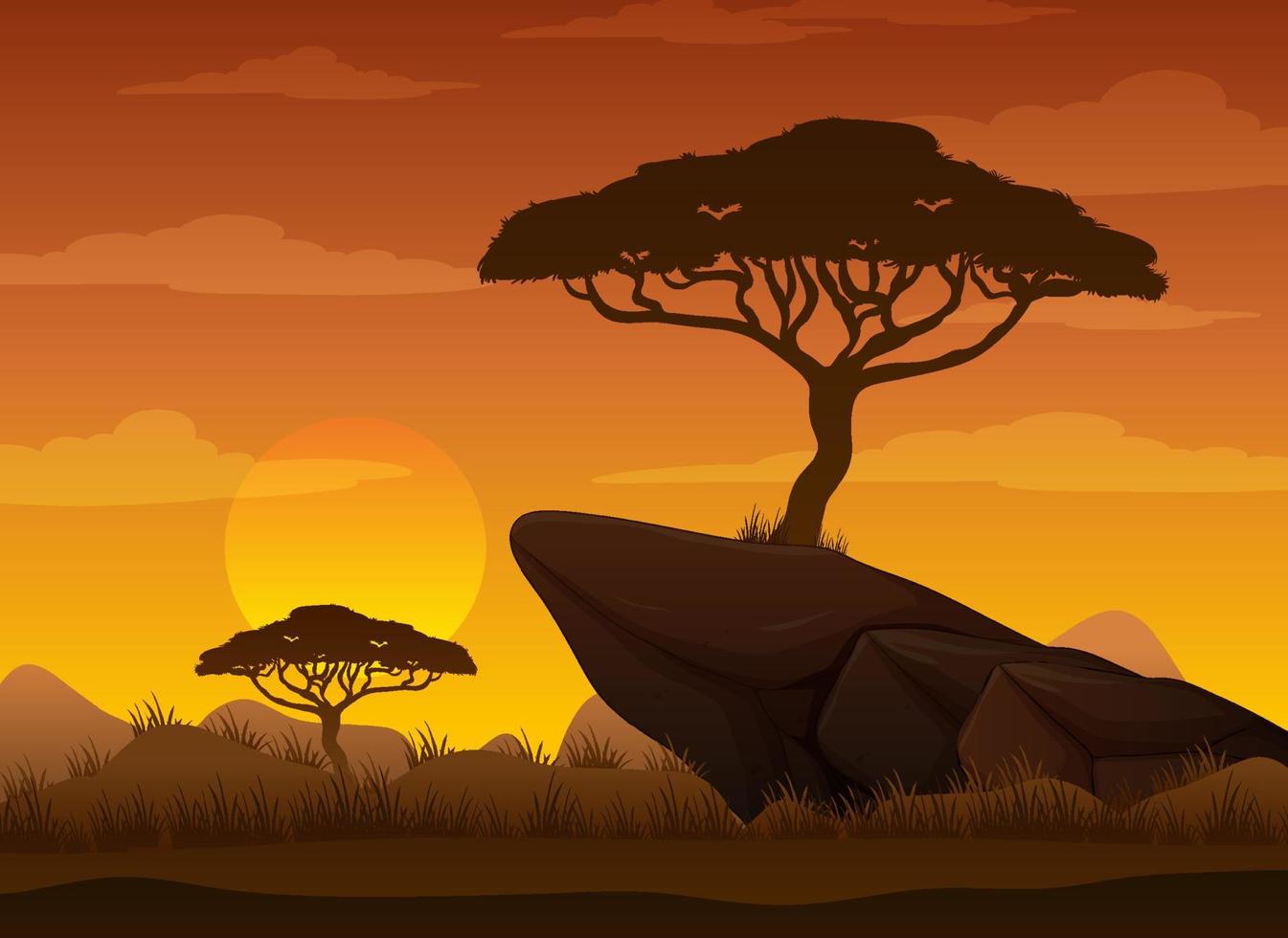 Silhouette savanna forest at sunset time vector