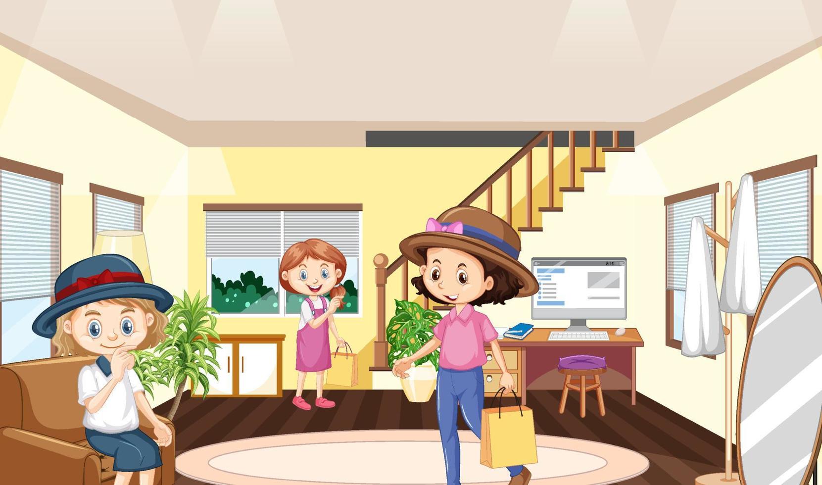 Happy children in the living room scene vector