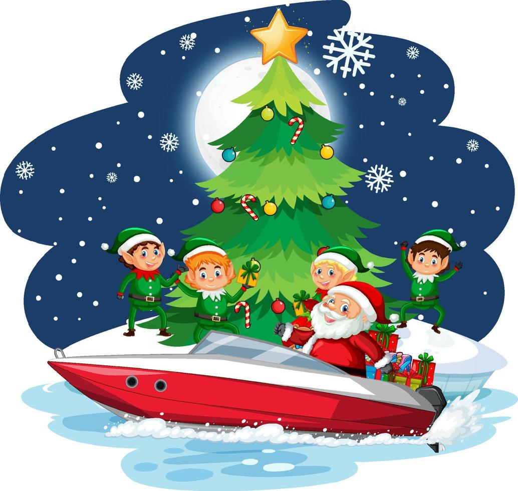 Santa Claus and elves on a speedboat at snowy night vector