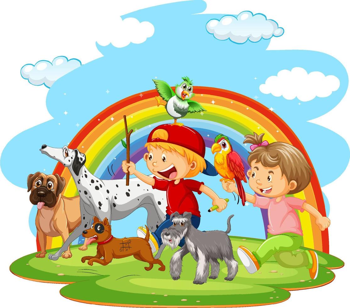 Two kids playing with their dogs vector