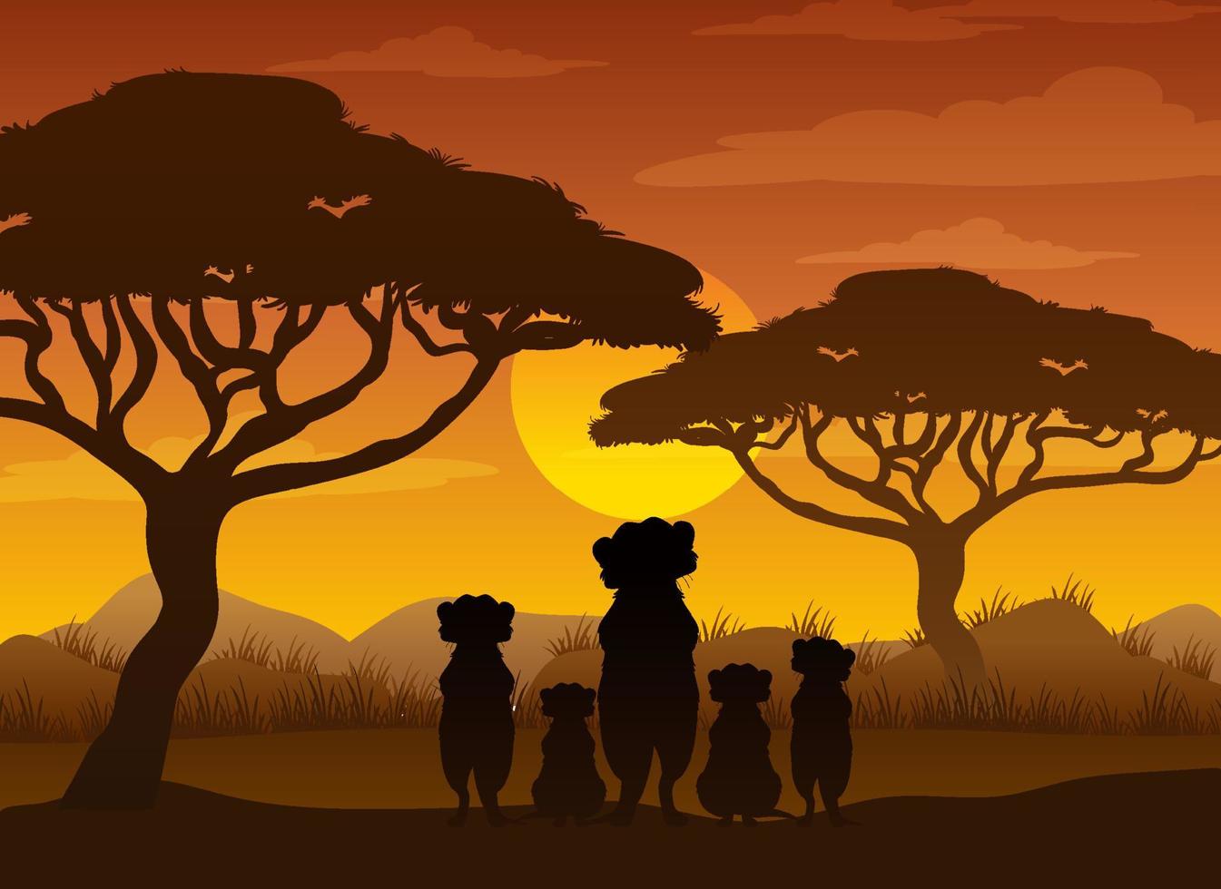 Meerkat family silhouette at savanna forest vector