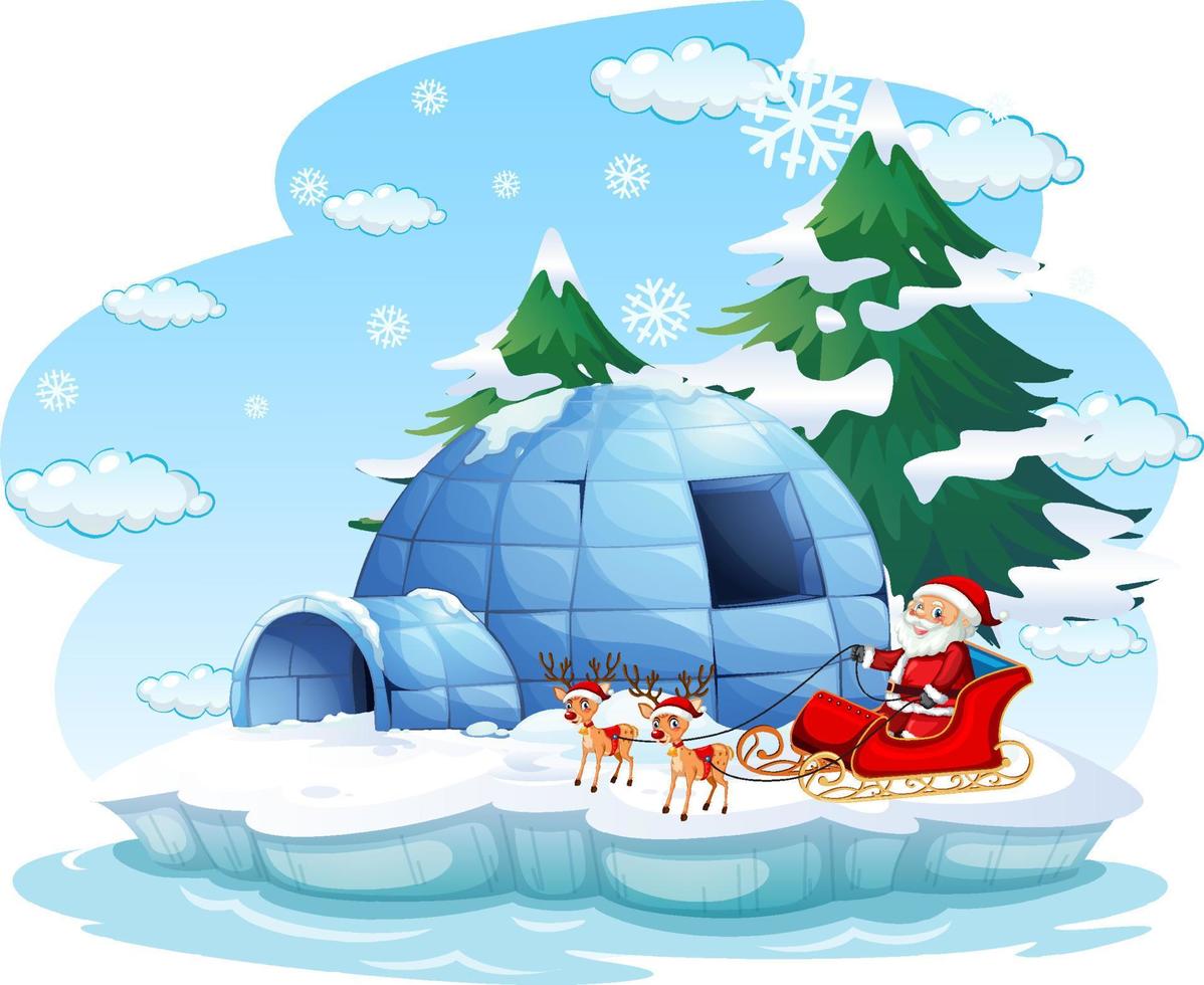 Snowy day with Santa Claus on sledge and reindeers vector