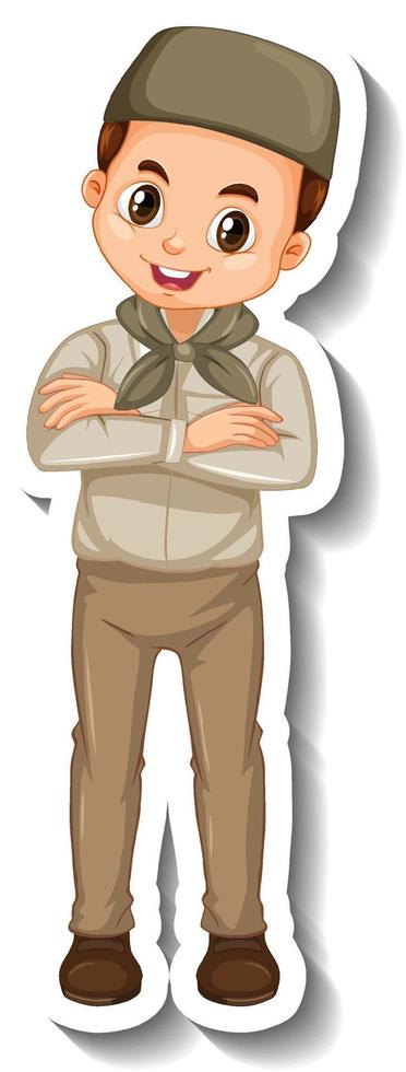 Muslim boy in safari outfit cartoon character sticker vector