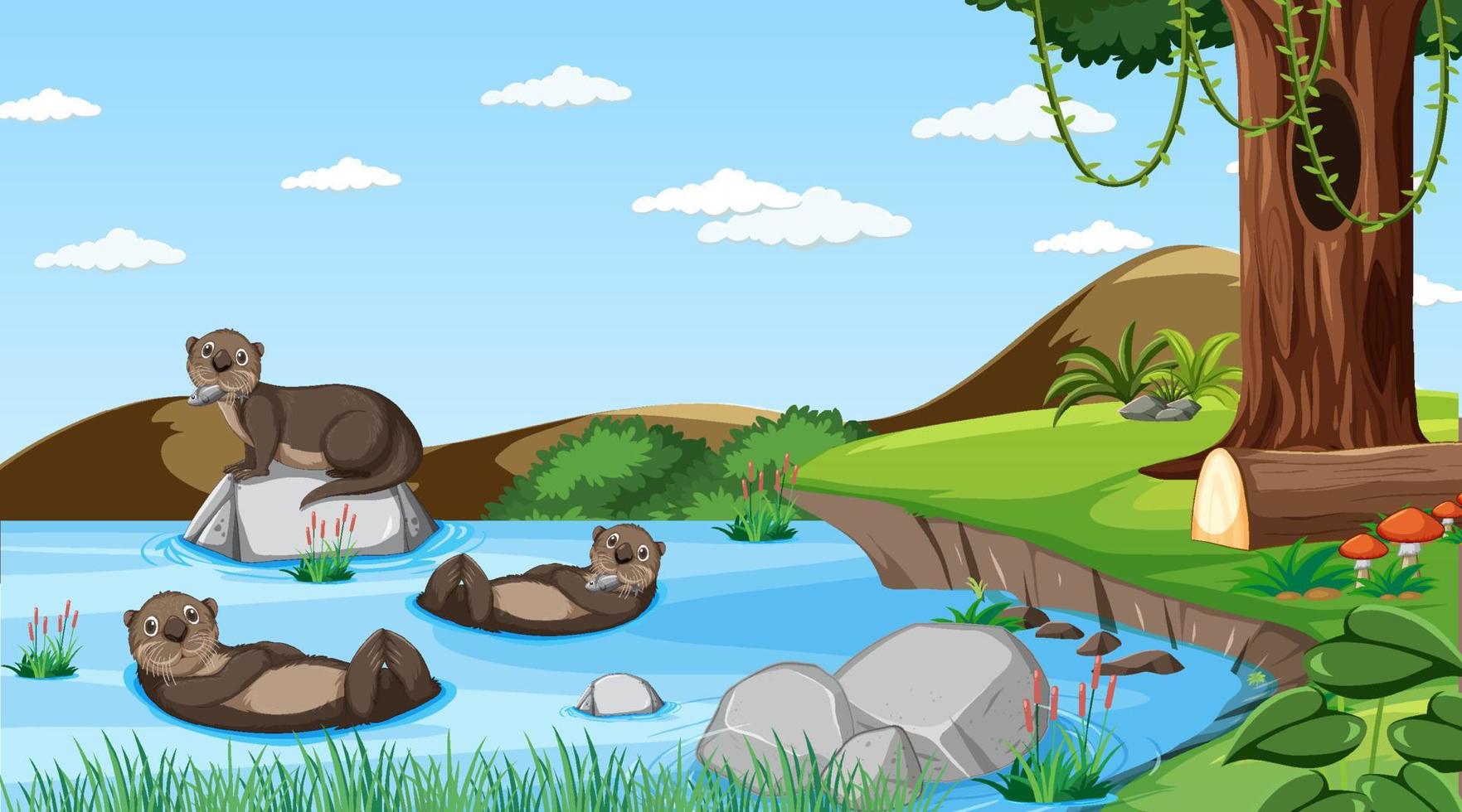 River in the forest with otters in the water vector