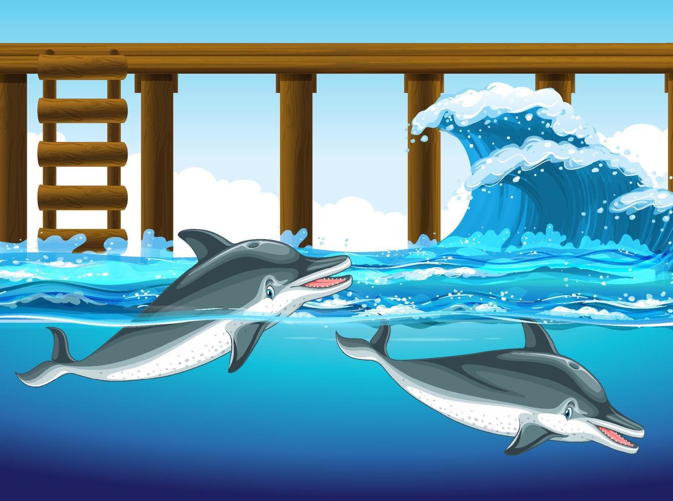 Dolphin swimming in the water with wooden pier vector