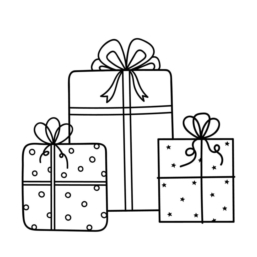 lindos regalos navideños con arcos aislados sobre fondo blanco. ilustración vectorial dibujada a mano en estilo garabato. perfecto para diseños de cumpleaños y Navidad, tarjetas, decoraciones, logo. vector