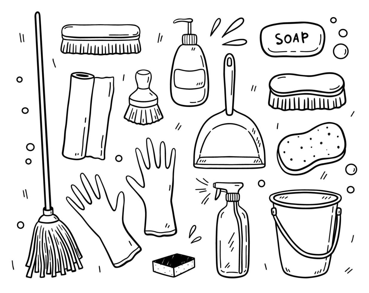 Doodle set of items for cleaning - mop, brushes, detergents, bucket, scoop, rubber gloves, soap, sponges, paper towels. Work equipment for keeping the house clean. Vector hand-drawn illustration.