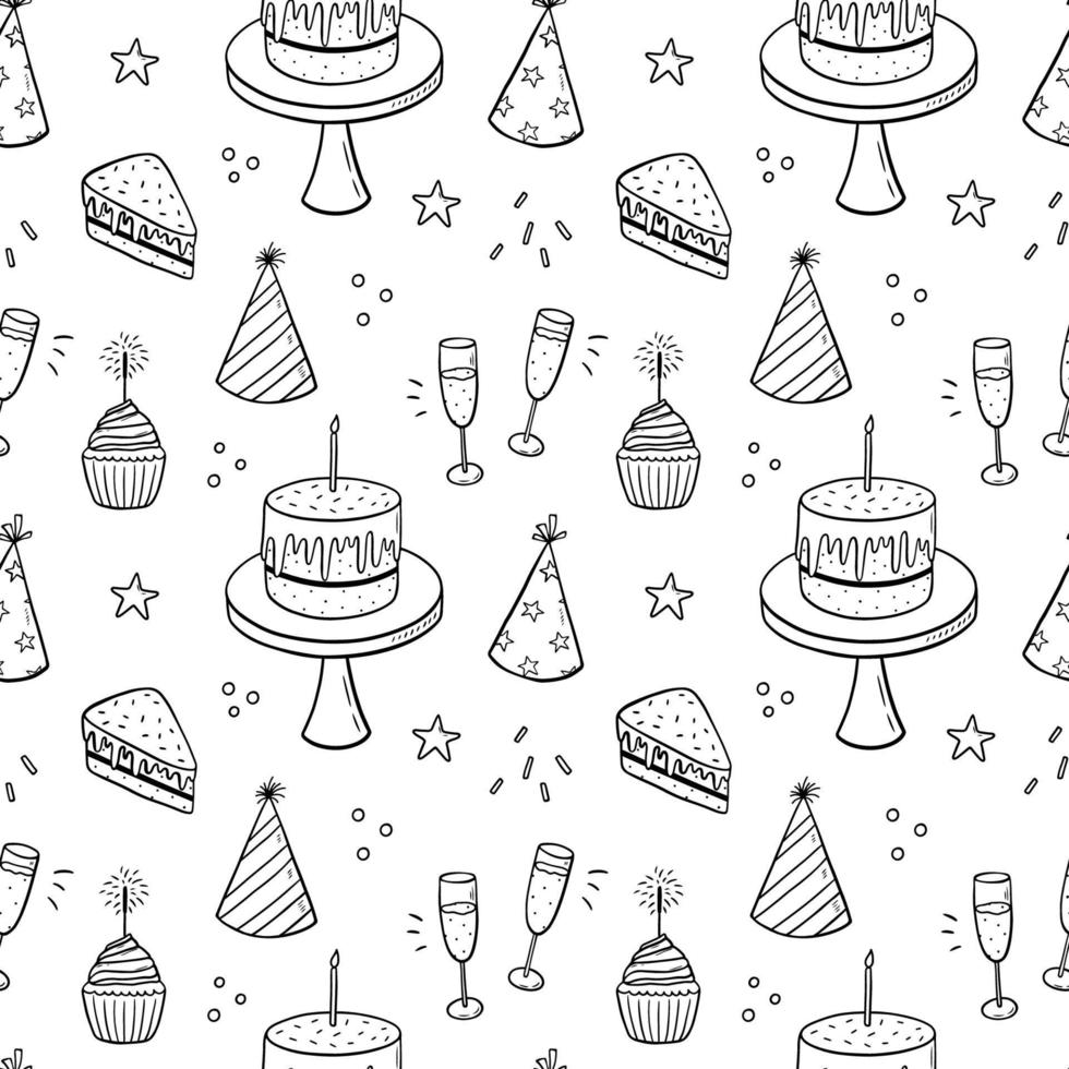 patrón impecable con pasteles festivos con velas, sombreros de fiesta y champán. ilustración vectorial dibujada a mano en estilo garabato.perfecto para diseños de cumpleaños, papel de regalo, tarjetas, invitaciones, decoraciones vector