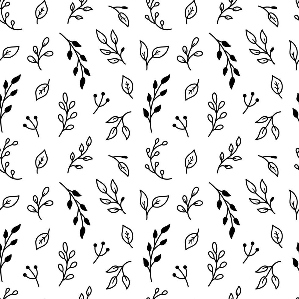 Botanical seamless pattern with tiny twigs and leaves. Abstract floral background. Vector hand-drawn illustration in doodle style.Perfect for cards, decorations, invitations, wrapping paper, wallpaper